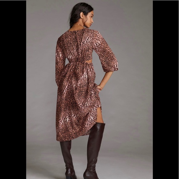 Anthropologie Floral Cut Out Midi Dress Brown Motif Brown animal print XSP NWT - Picture 4 of 17